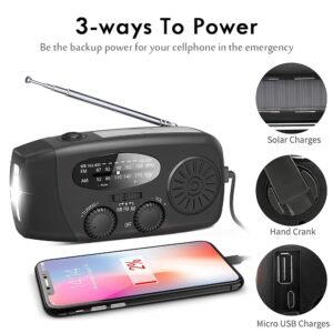Vevradio med Solceller, Ficklampa och Powerbank svart