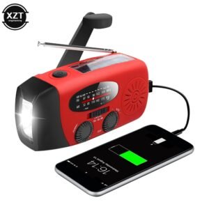 Vevradio med Solceller, Ficklampa och Powerbank röd