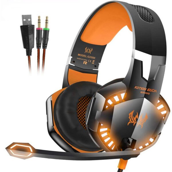 Stereo Gaming Headset Djup Bas Datorspel Hörlurar Hörlurar med LED-ljus Mikrofon för PC Laptop PS4 orange
