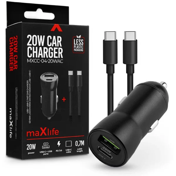 Snabb Billaddare med USB-C och USB-A portar, USB-C till USB-C kabel medföljer - svart - Maxlife 20W Car Charger - Image 2