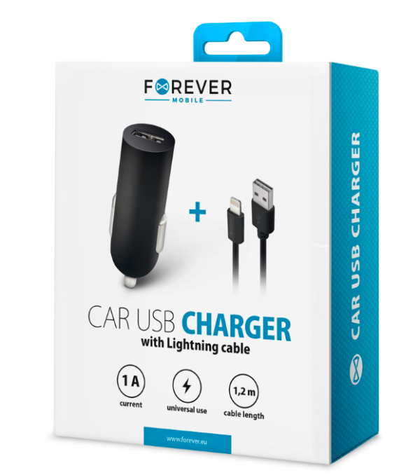 Forever M02 billaddare 1x USB 1A svart + Lightning-kabel - Image 6
